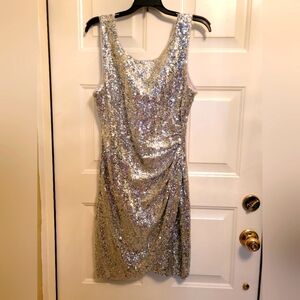 Bisou Bisou Sz 8 HOT Silver Sequin Faux Wrap Dress Scoop Back, sleeveless